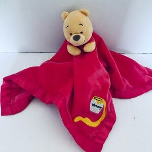 Disney Winnie the Pooh Red Lovey Baby Security Blanket Satin Trim Honey